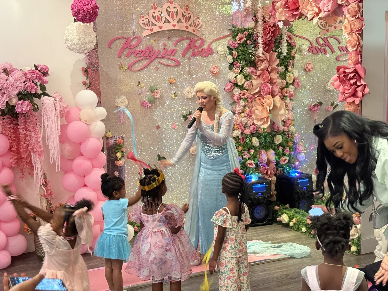 Elsa princess character at a themed Disney birthday party in Fort Lauderdale