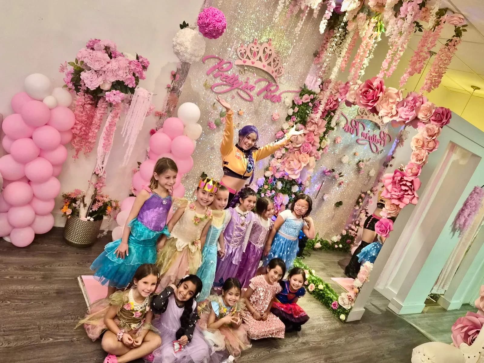 Girls in princess dresses group photo at a Fort Lauderdale princess spa party