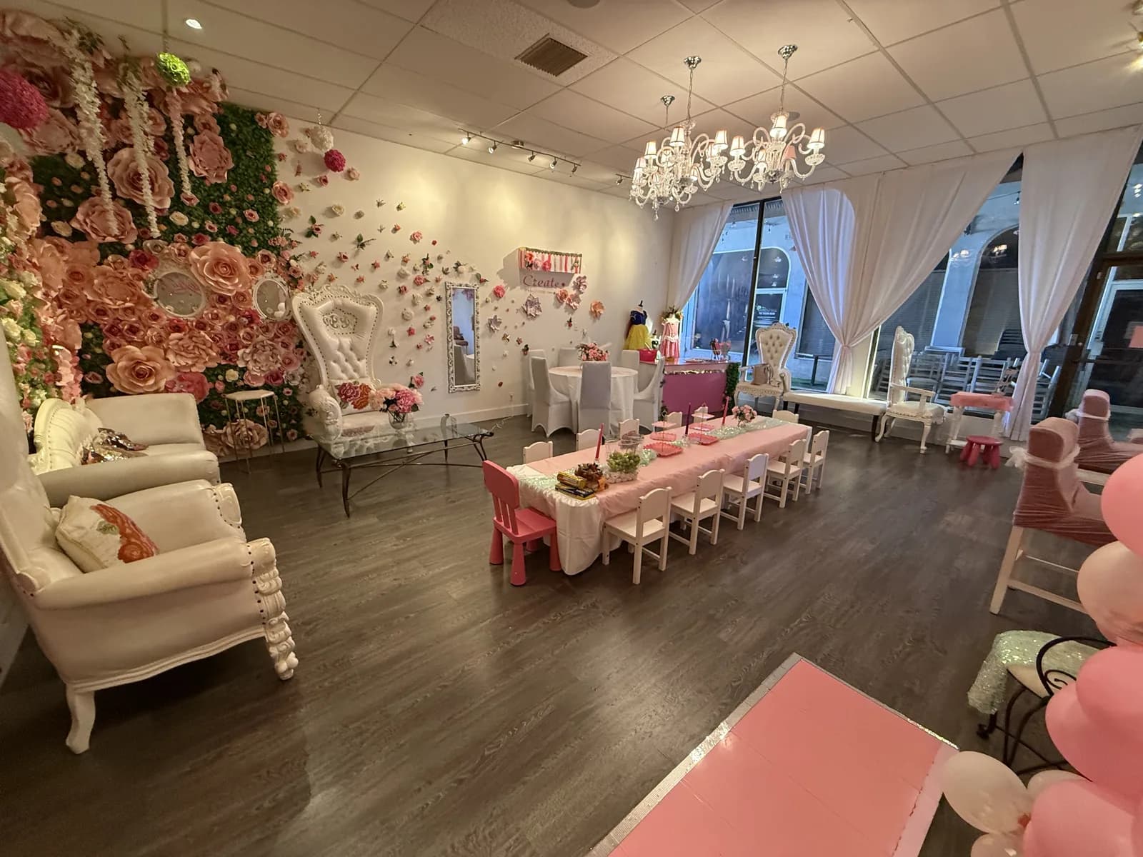 Inside the private kids birthday party venue at Pretty in Pink Princess Spa, Fort Lauderdale FL